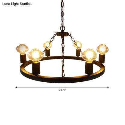 Farmhouse 6-Bulb Ring Chandelier Lamp in Black - Exposed Bulb Metallic Ceiling Lighting for Living Room