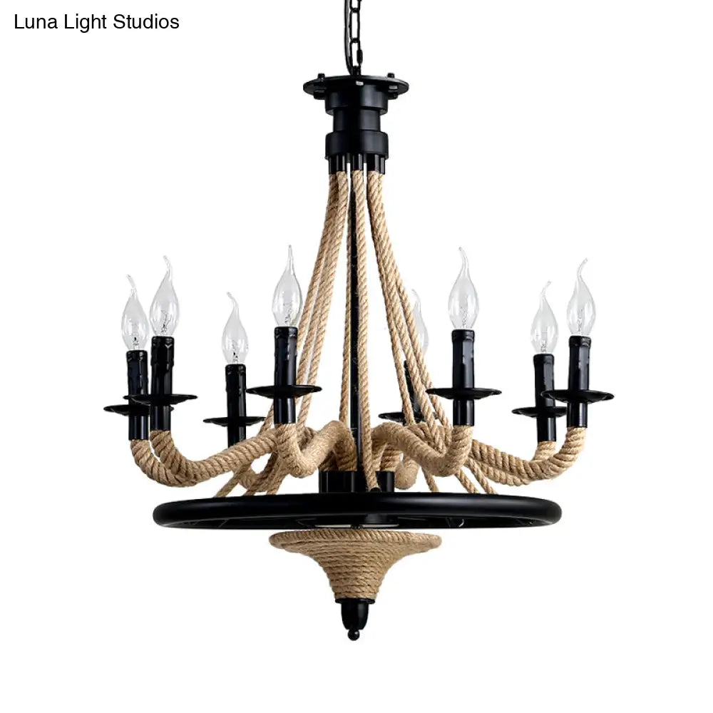 Farmhouse 8-Bulb Rope Candle Chandelier Pendant Light in Black with Wheel Design - Perfect for Restaurants