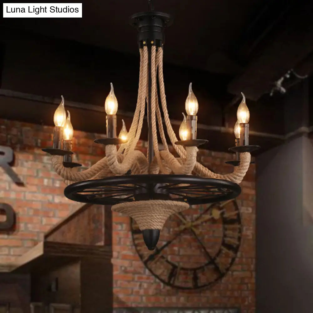Farmhouse 8-Bulb Rope Candle Chandelier Pendant Light in Black with Wheel Design - Perfect for Restaurants