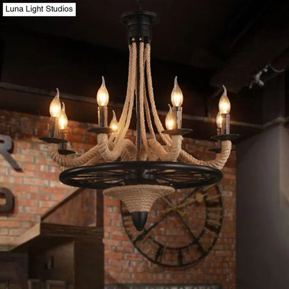 Farmhouse 8-Bulb Rope Candle Chandelier Pendant Light in Black with Wheel Design - Perfect for Restaurants