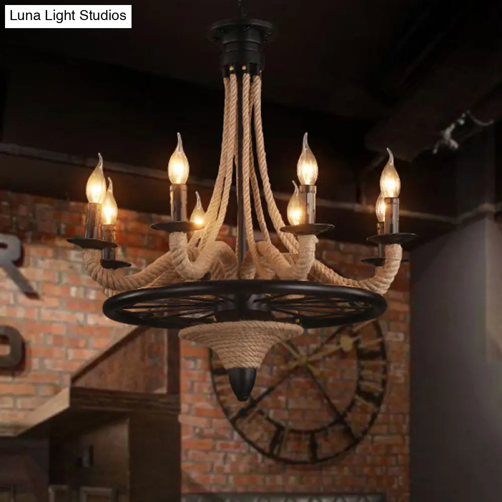 Farmhouse 8-Bulb Rope Candle Chandelier Pendant Light in Black with Wheel Design - Perfect for Restaurants