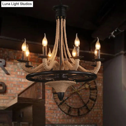 Farmhouse 8-Bulb Rope Candle Chandelier Pendant Light in Black with Wheel Design - Perfect for Restaurants