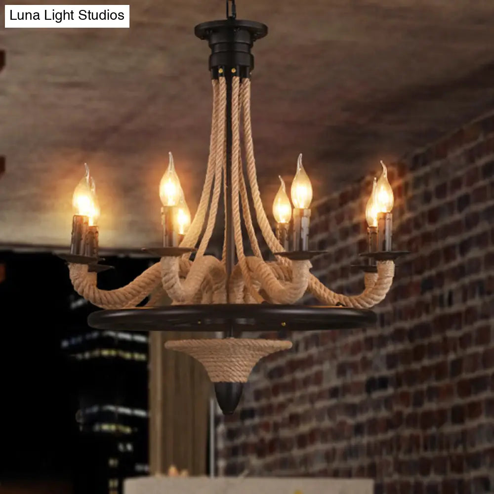 Farmhouse 8-Bulb Rope Candle Chandelier Pendant Light in Black with Wheel Design - Perfect for Restaurants