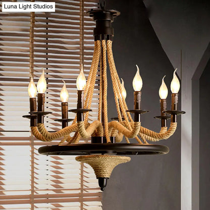 Farmhouse 8-Bulb Rope Candle Chandelier Pendant Light in Black with Wheel Design - Perfect for Restaurants