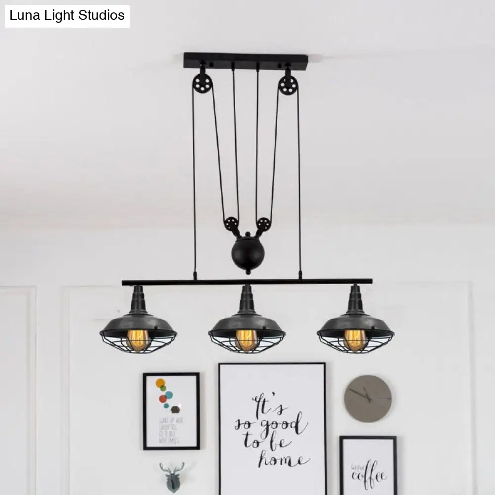 DecorBites™ Farmhouse Barn Island Pendant - 3-Light Metallic Pendant Lighting with Cage Shade and Pulley in Black