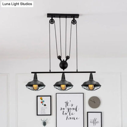 DecorBites™ Farmhouse Barn Island Pendant - 3-Light Metallic Pendant Lighting with Cage Shade and Pulley in Black