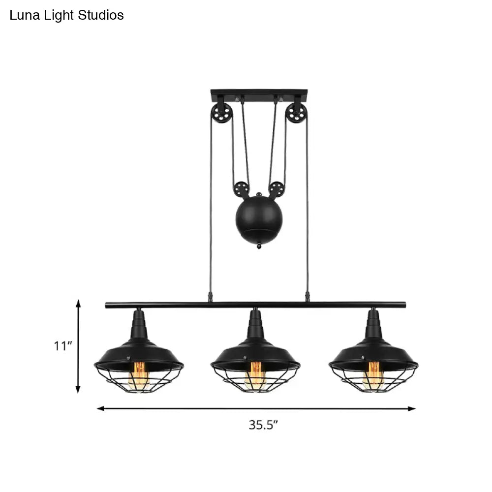 DecorBites™ Farmhouse Barn Island Pendant - 3-Light Metallic Pendant Lighting with Cage Shade and Pulley in Black
