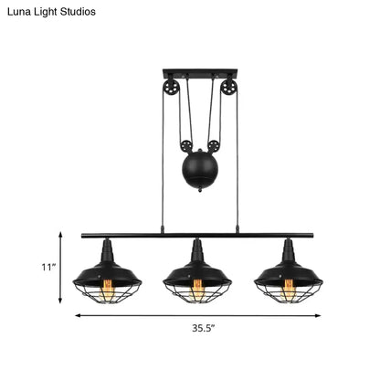 DecorBites™ Farmhouse Barn Island Pendant - 3-Light Metallic Pendant Lighting with Cage Shade and Pulley in Black