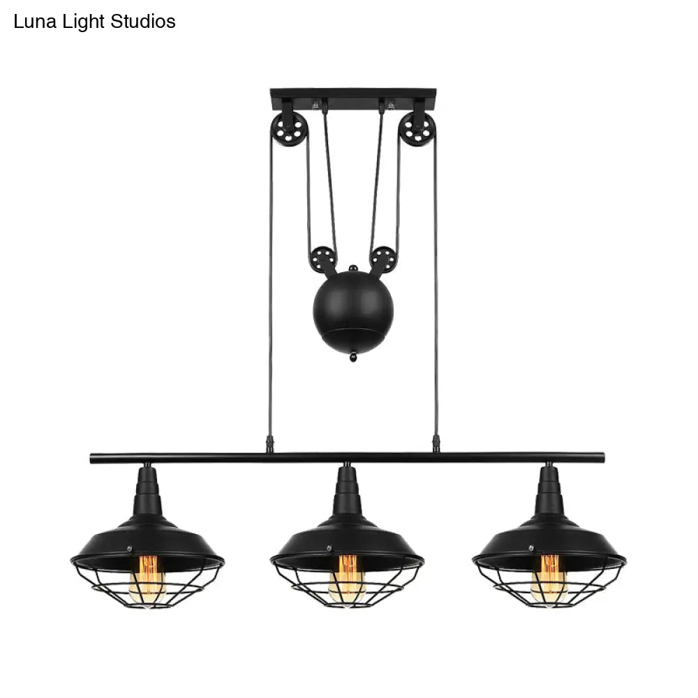 DecorBites™ Farmhouse Barn Island Pendant - 3-Light Metallic Pendant Lighting with Cage Shade and Pulley in Black