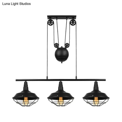 DecorBites™ Farmhouse Barn Island Pendant - 3-Light Metallic Pendant Lighting with Cage Shade and Pulley in Black