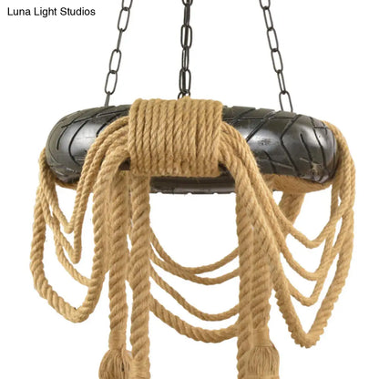 Farmhouse Beige 4-Head Chandelier with Rubber Tyre Pendant and Rope Cord