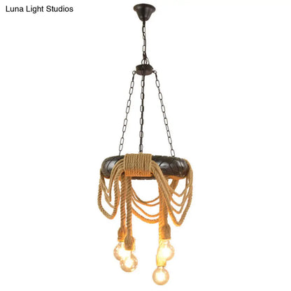 Farmhouse Beige 4-Head Chandelier with Rubber Tyre Pendant and Rope Cord