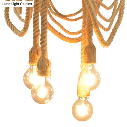 Farmhouse Beige 4-Head Chandelier with Rubber Tyre Pendant and Rope Cord