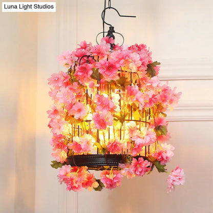 Farmhouse Birdcage Chandelier with Pink Flower Accents - 3 Iron Pendant Lights