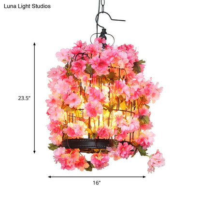 Farmhouse Birdcage Chandelier with Pink Flower Accents - 3 Iron Pendant Lights