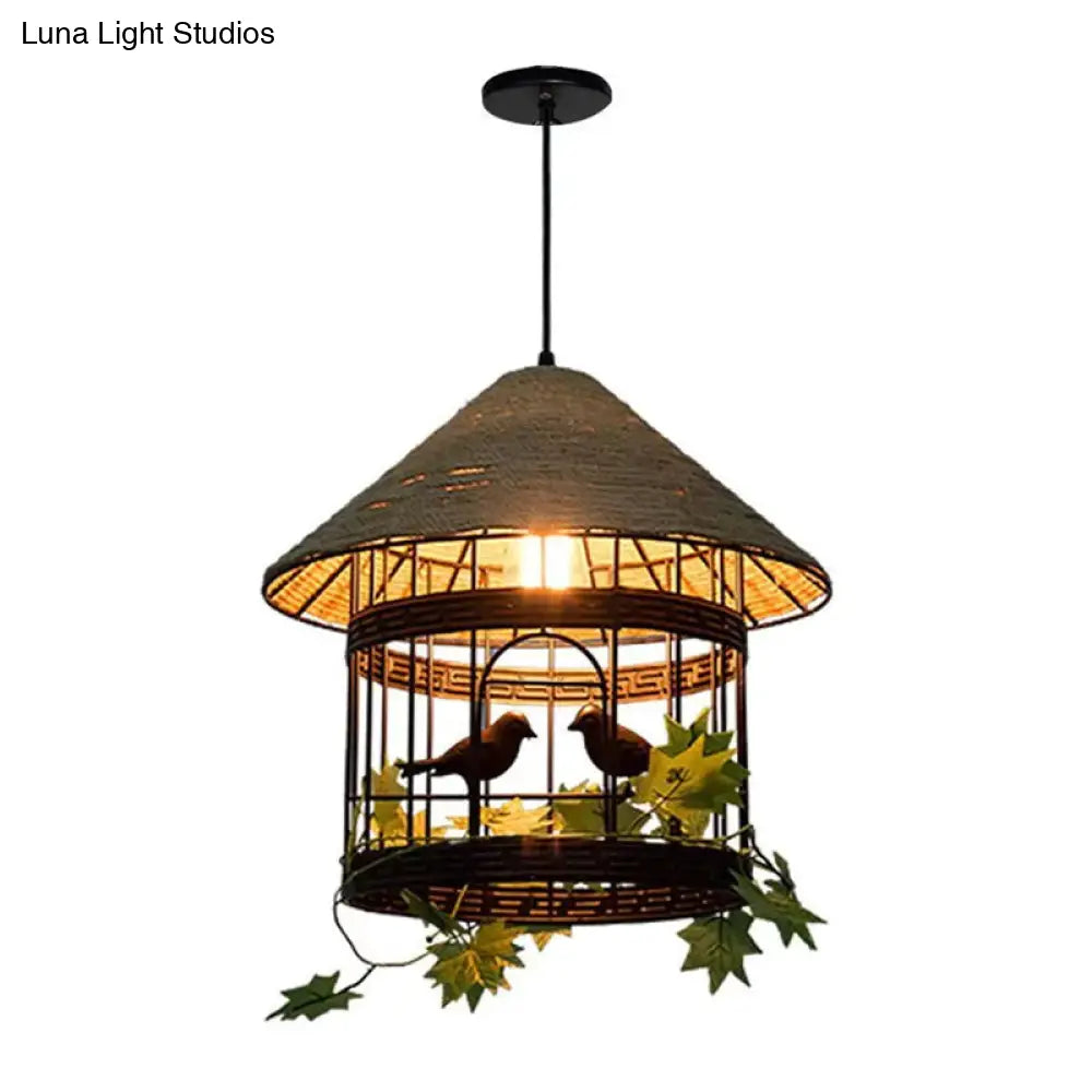 Farmhouse Birdcage Metal Pendant Ceiling Light - 1 Head Dining Room Rope Down Lighting in Beige