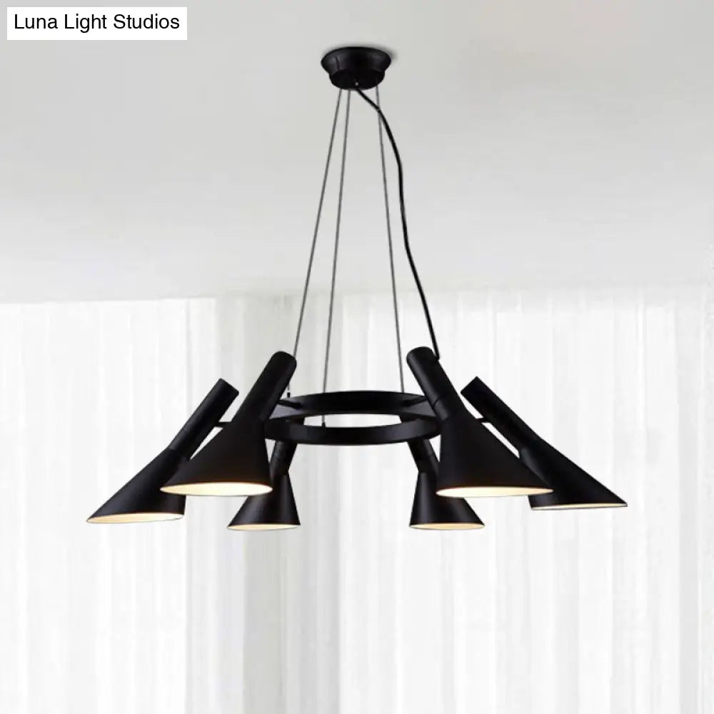 Farmhouse Black 6-Bulb Chandelier with Metal Flared Ring Design - Stylish Suspension Lighting for Bedroom