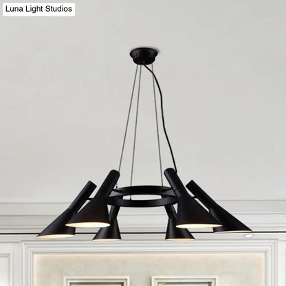 Farmhouse Black 6-Bulb Chandelier with Metal Flared Ring Design - Stylish Suspension Lighting for Bedroom