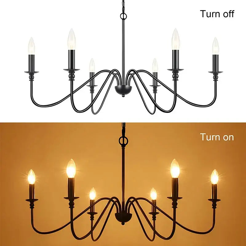 Farmhouse decorbites black 6-light chandelier with wrought iron candle-style bulbs for dining room decor