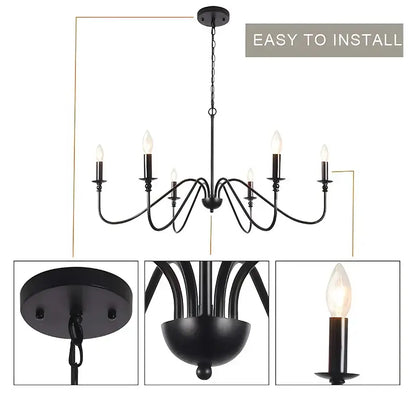 Farmhouse black 6-light wrought iron chandelier with candle-style bulbs for dining room decorbites black 6-light fixture
