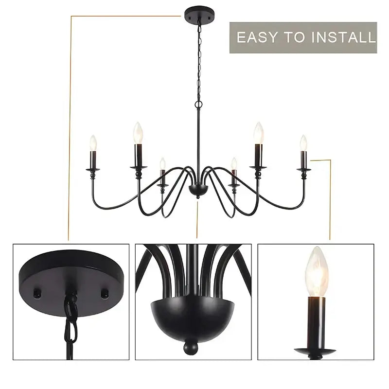 Farmhouse black 6-light wrought iron chandelier with candle-style bulbs for dining room decorbites black 6-light fixture