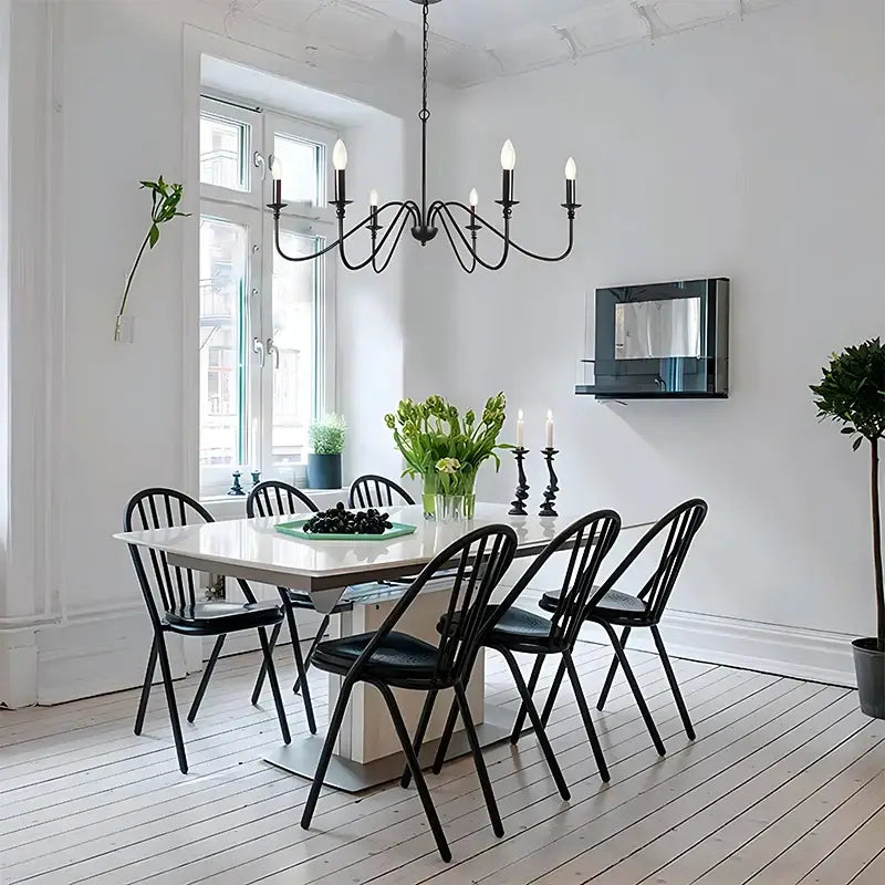 Farmhouse black 6-light chandelier made of wrought iron with candle-style bulbs by decorbites black for dining room decor