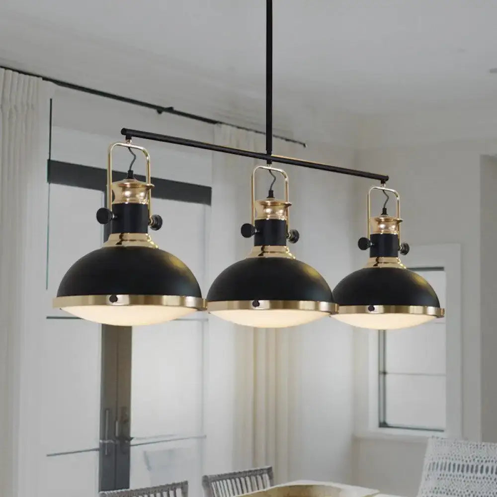 DecorBites farmhouse 3-light island pendant with black metal dome shades and brass accents for dining room lighting