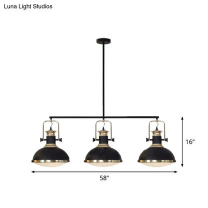 DecorBites farmhouse 3-light island pendant with black metal dome shades and brass accents for dining room pendant light