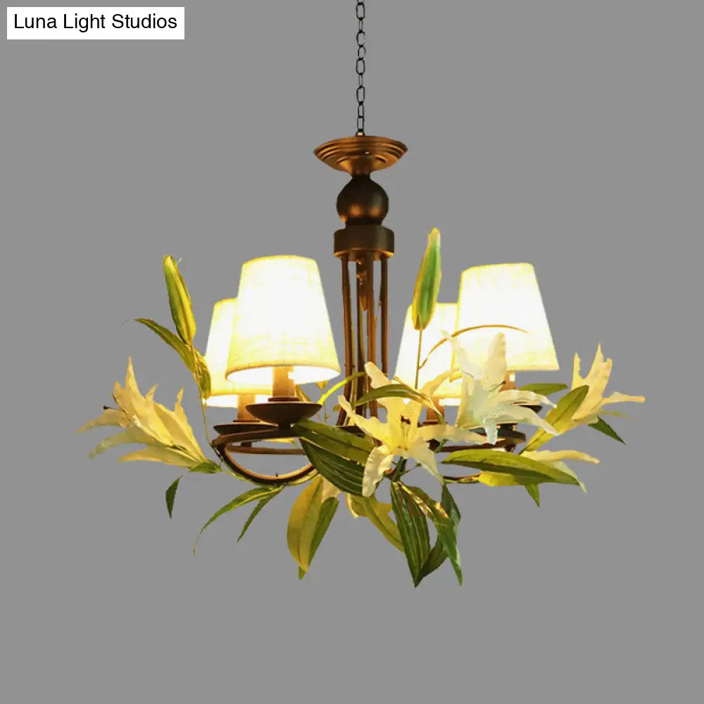 Farmhouse Black Hanging Chandelier with Lily Decoration and 4 Conical Bulbs