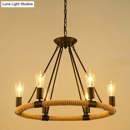 Farmhouse Black Manila Rope Chandelier Pendant - Hanging Ceiling Light