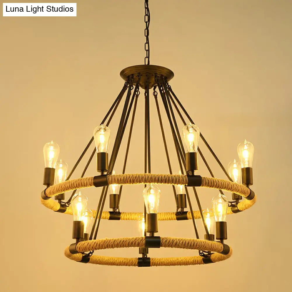 Farmhouse Black Manila Rope Chandelier Pendant - Hanging Ceiling Light