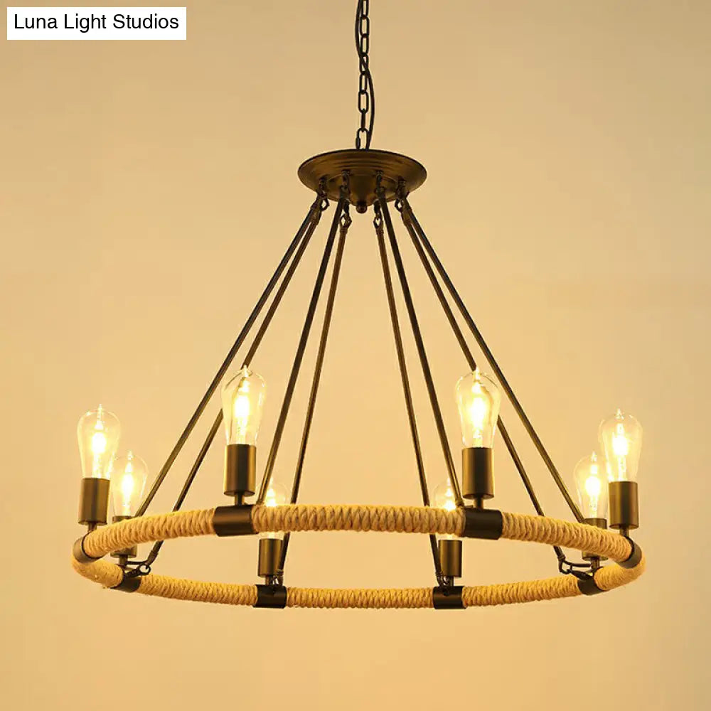 Farmhouse Black Manila Rope Chandelier Pendant - Hanging Ceiling Light
