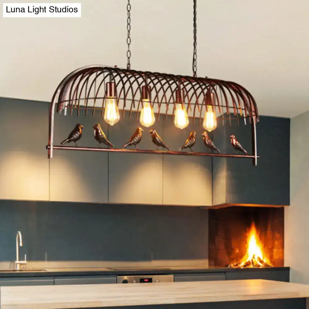 Industrial-style black metal birdcage light fixture with five edison bulbs and birds for dining room ceiling light fixture