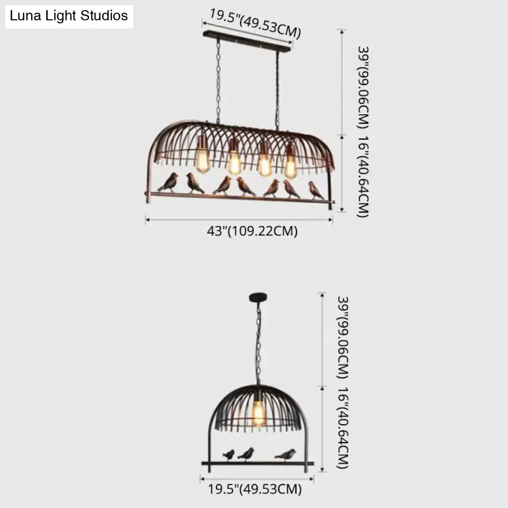 Farmhouse black metal birdcage light fixture with five exposed bulbs and decorative birds for dining room ceiling