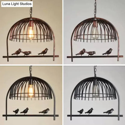 Farmhouse black metal birdcage light fixture with three birds and edison bulb for dining room ceiling light fixture