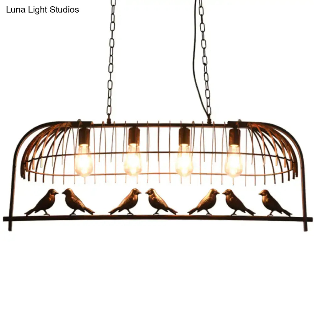 Bronze metal birdcage light fixture with four edison bulbs and six sculpted birds for dining room ceiling lighting