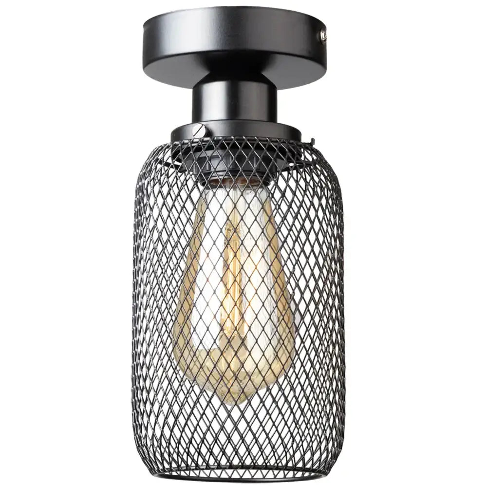 Farmhouse black metal cage ceiling light with exposed filament bulb and mesh design by decorbites black metal