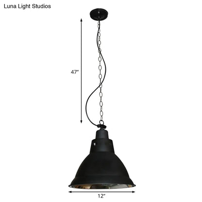 Farmhouse Black Metal Dome Pendant Light with Chain - 12" W