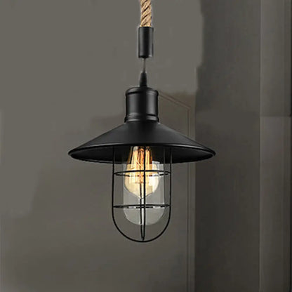 Farmhouse Black Metal Pendant Light with Flared Design, Rope Cord, and Wire Frame.