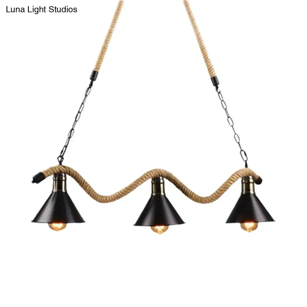 DecorBites Black metal and rope farmhouse style pendant light with three conical shades 110v-120v 220v-240v compatible