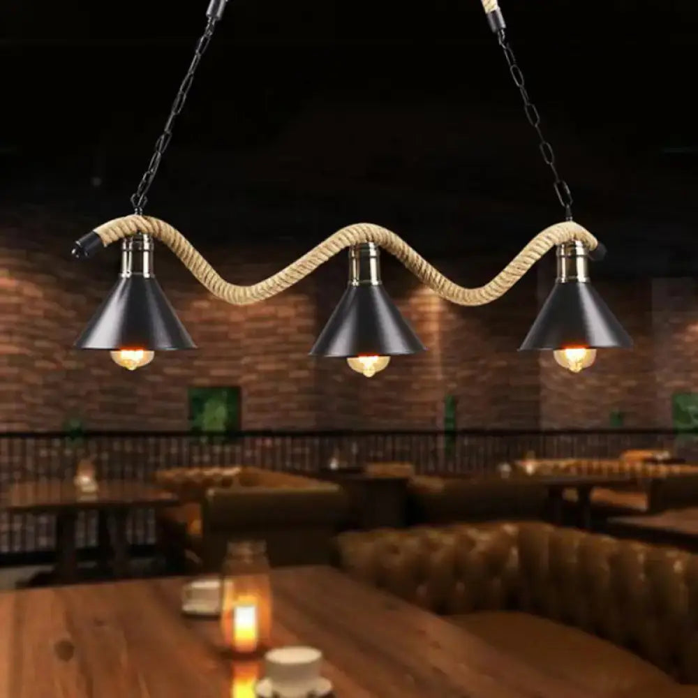 Industrial-style three-light pendant lamp with black metal shades and natural rope suspension farmhouse style 220v-240v 110v-120v