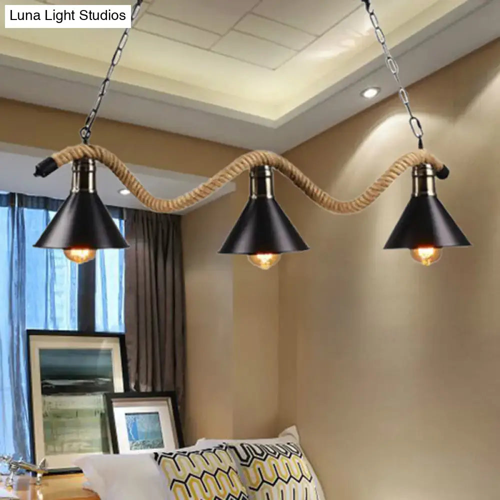 DecorBites farmhouse style three-light pendant fixture with black metal conical shades and natural rope suspension 110v-120v 220v-240v