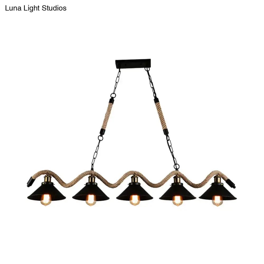 DecorBites™ black metal and rope pendant light with five exposed bulbs farmhouse style 110v-120v 220v-240v compatible