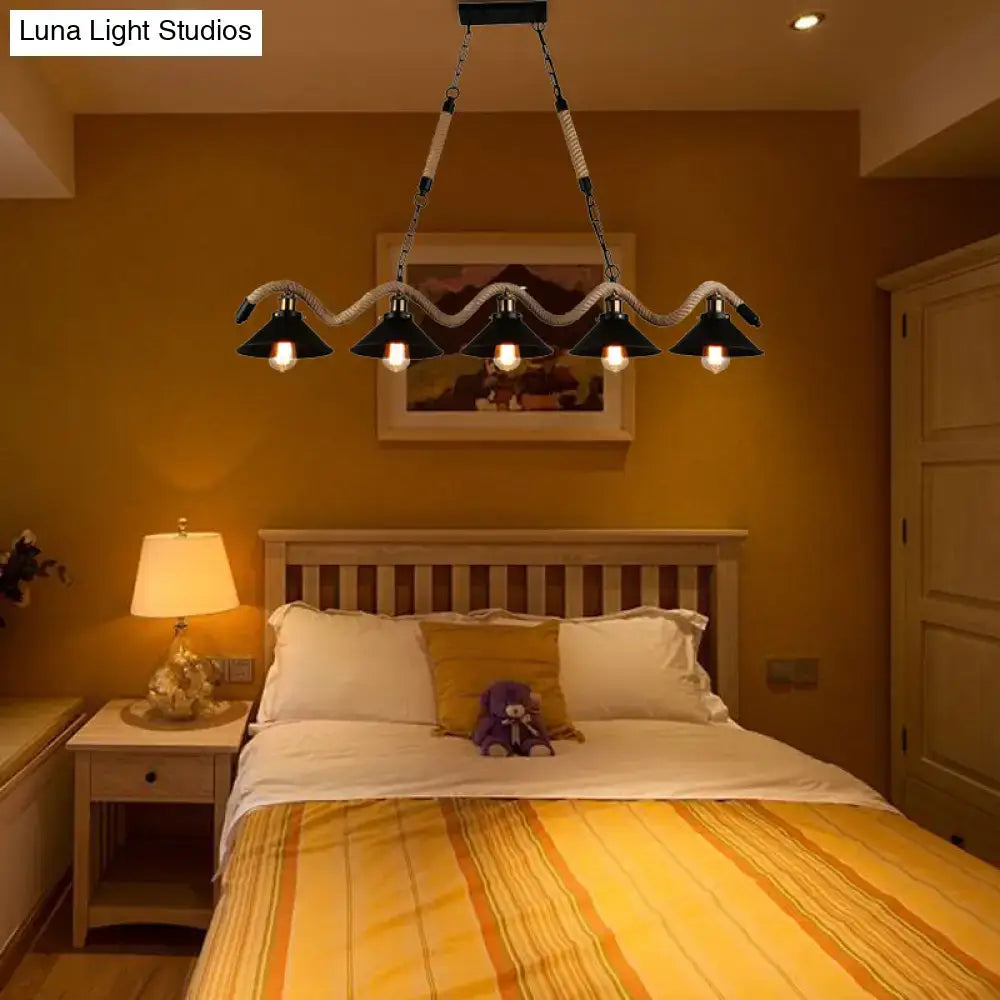DecorBites™ black metal and rope farmhouse style pendant light with wavy conic design and five exposed bulbs for 110v-120v and 220v-240v