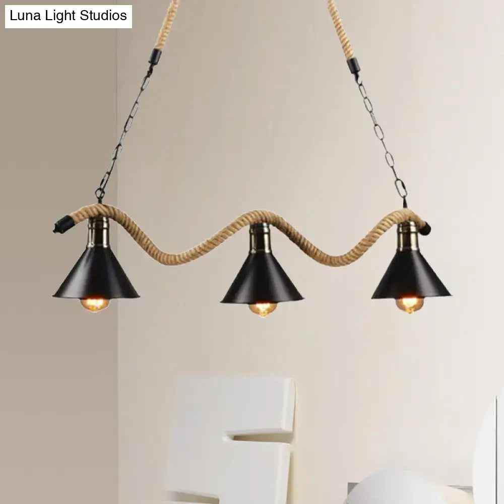 Industrial-style three-light pendant lamp with black metal shades and natural rope suspension for farmhouse style 220v-240v 110v-120v