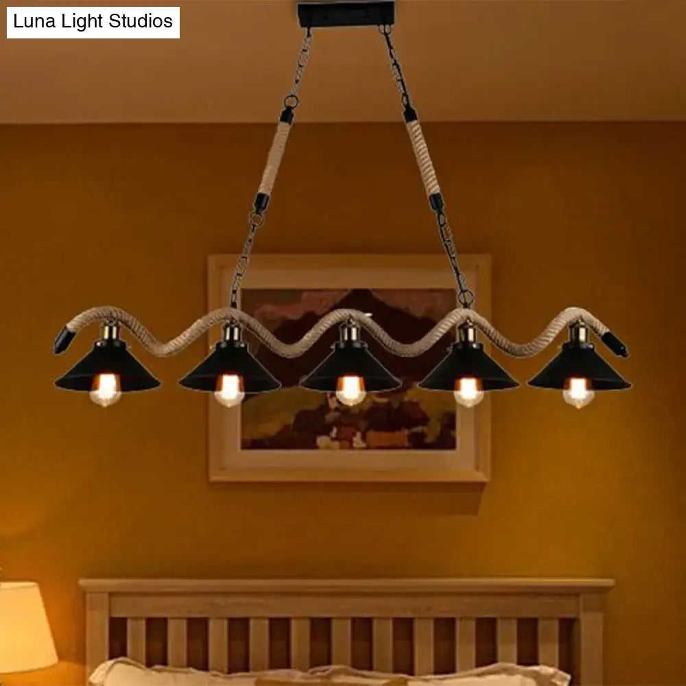 Black metal and rope farmhouse style pendant light fixture with five conical shades for 110v-120v and 220v-240v use