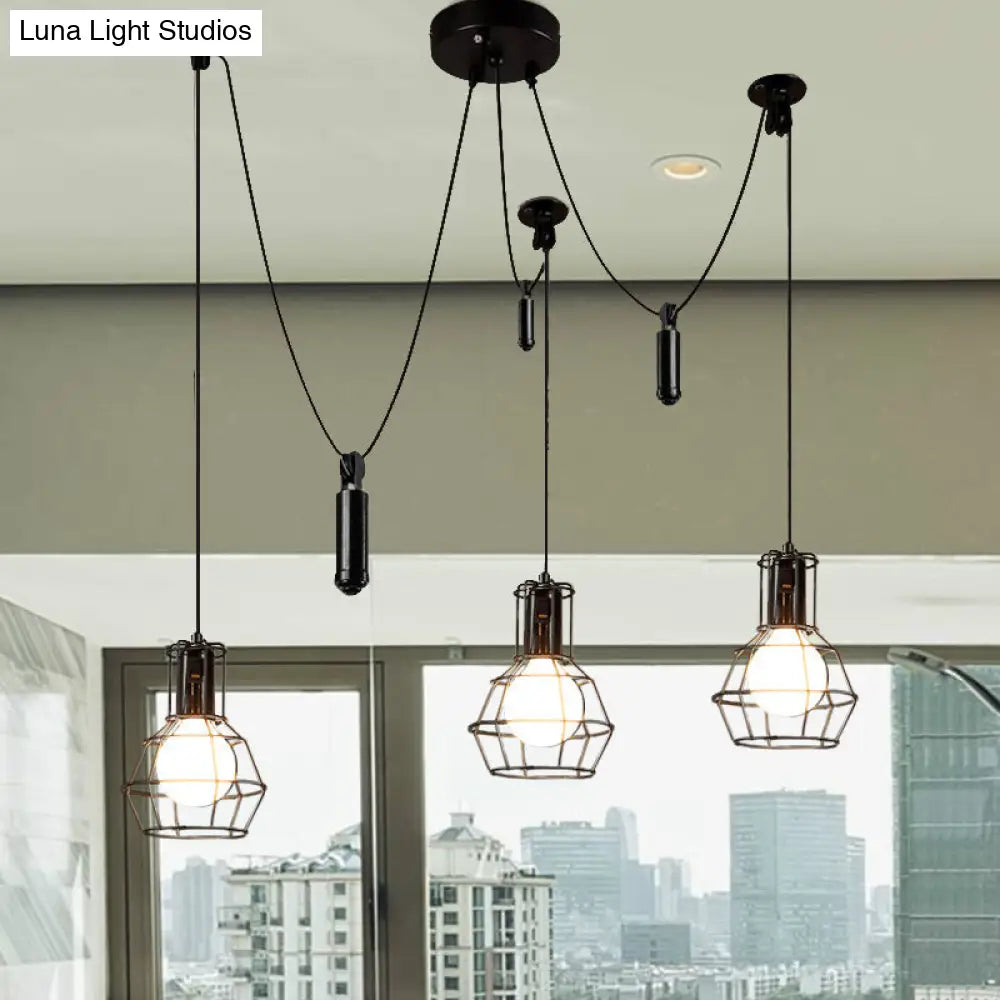 Farmhouse Black Metallic Pendant Light Fixture with Swag Design - 3/5/8 Head Caged Hanging Lamp