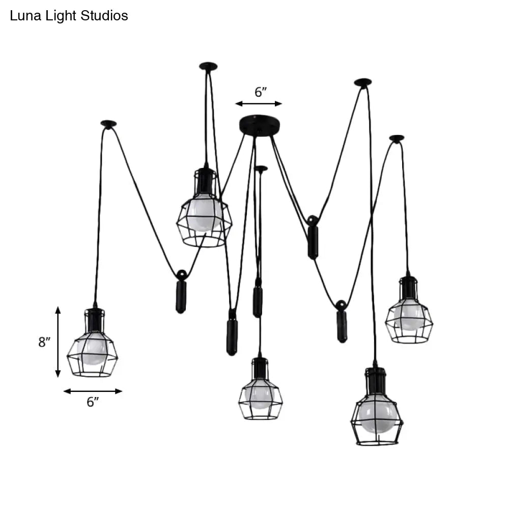 Farmhouse Black Metallic Pendant Light Fixture with Swag Design - 3/5/8 Head Caged Hanging Lamp