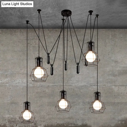 Farmhouse Black Metallic Pendant Light Fixture with Swag Design - 3/5/8 Head Caged Hanging Lamp