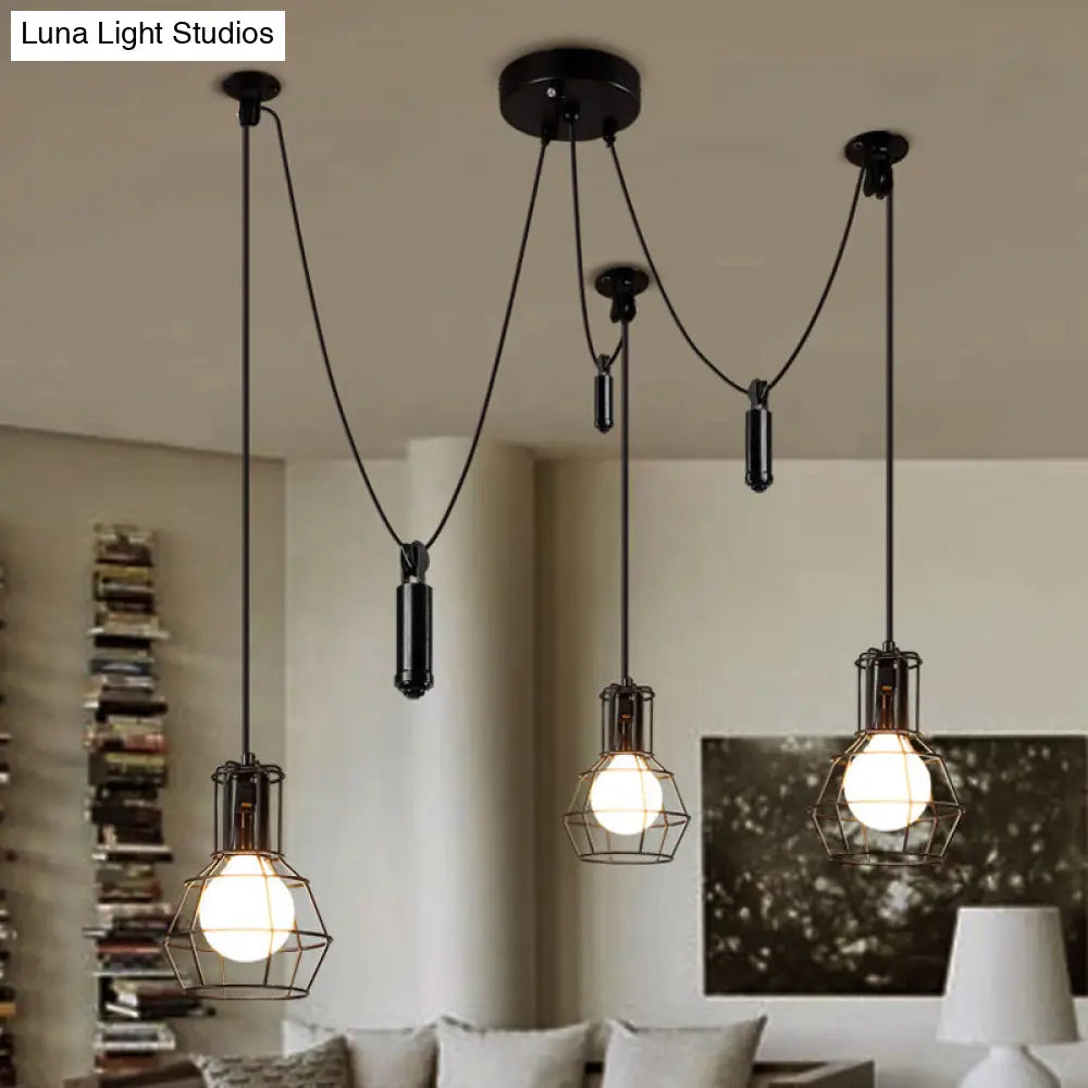 Farmhouse Black Metallic Pendant Light Fixture with Swag Design - 3/5/8 Head Caged Hanging Lamp